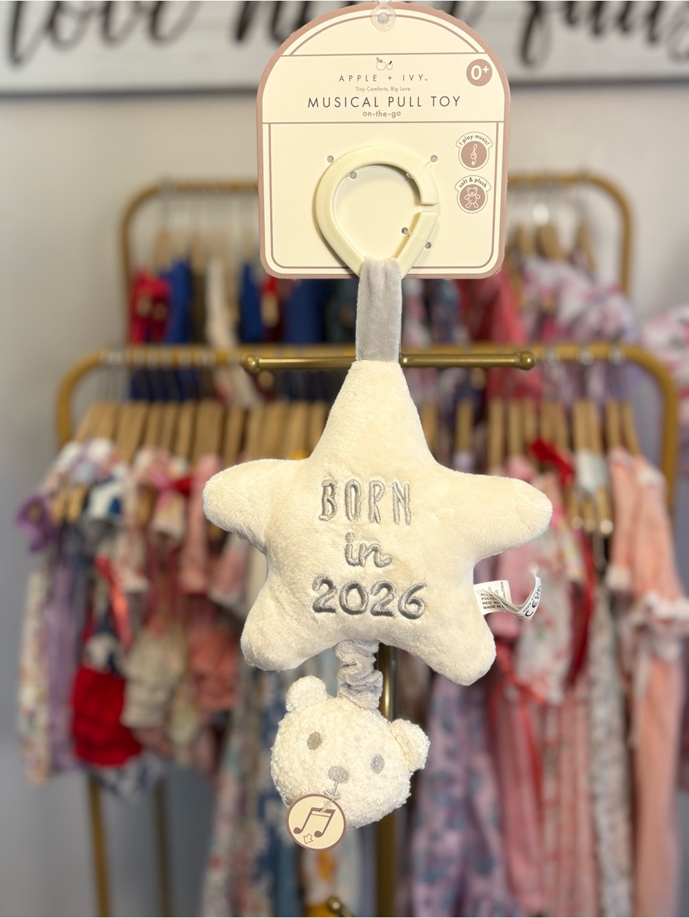 Apple Ivory Plush Star Musical Pull Toy with Bear Charm